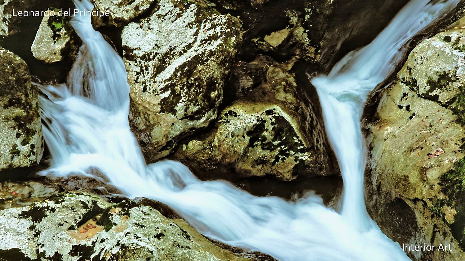 SINK03 A serene waterfall cascades over mossy rocks, creating a split flow effect. The rushing water contrasts with the textured, rugged stone, conveying tranquility.