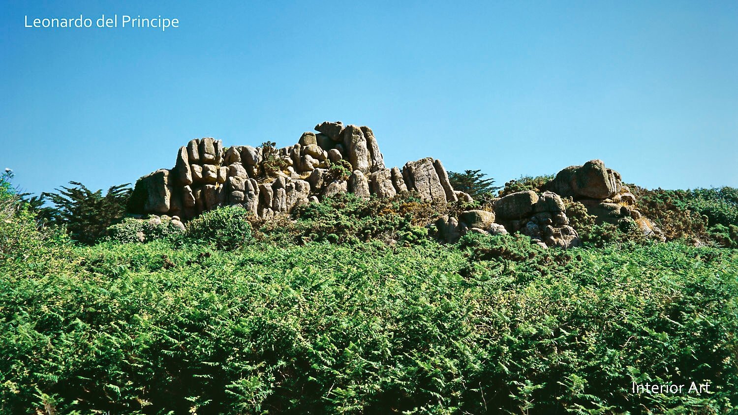 GOGR03 Granite rock formation under a clear blue sky, surrounded by lush green foliage and shrubs. The scene represents natural monuments.