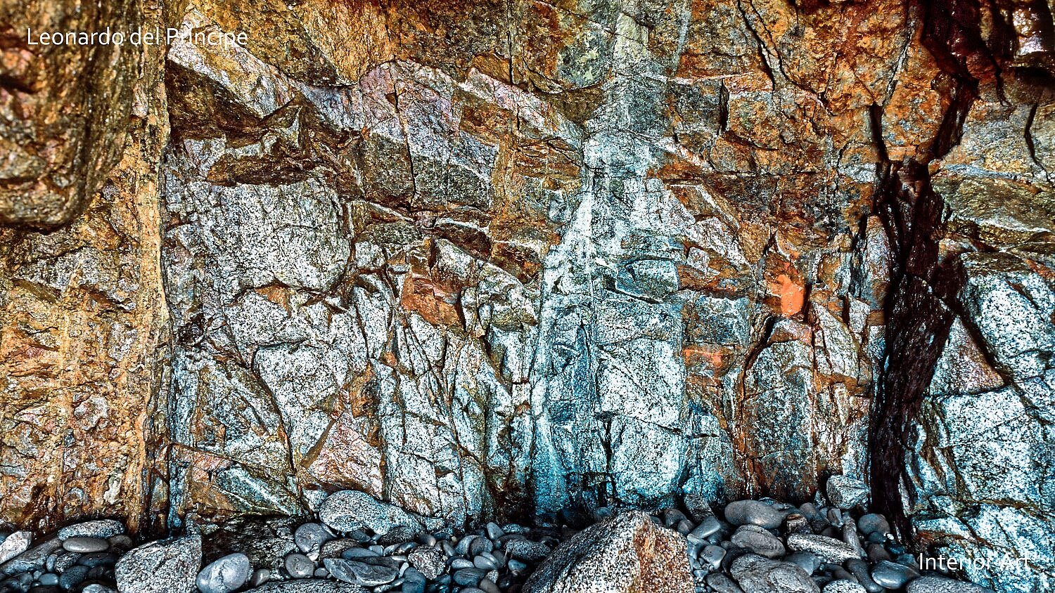 EGRT04 Textured rocky cave wall with gray and orange hues, surrounded by smooth pebbles. The scene conveys a natural, rugged feel.