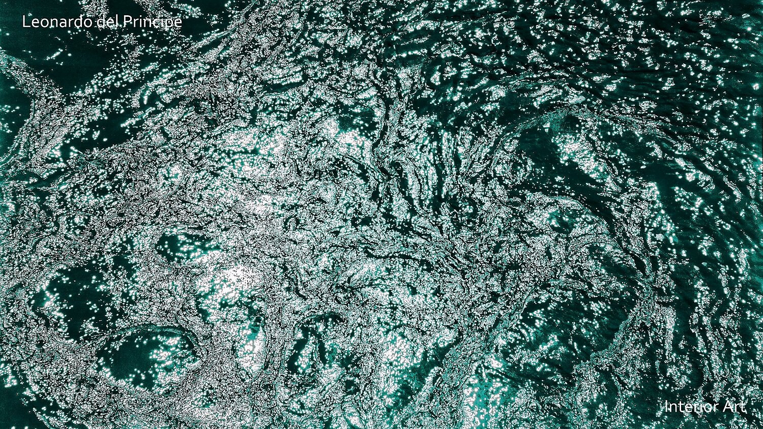 GLRI04 Swirling foam patterns on dark teal water reflect sunlight, creating a sparkling effect. The scene conveys a sense of movement and tranquility.
