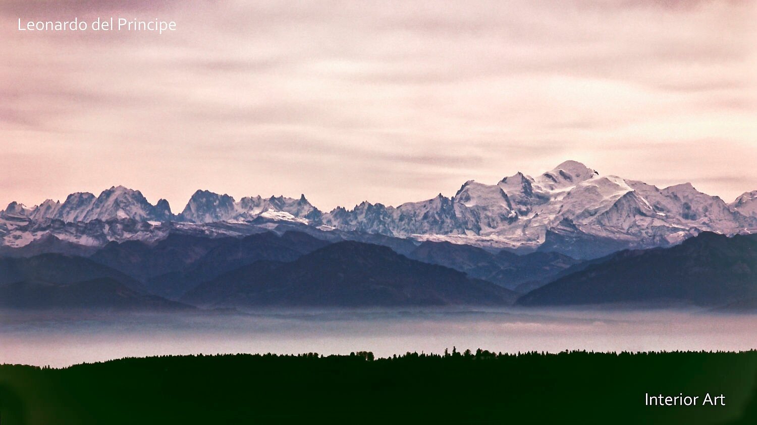 HBSD02 Snow-capped Mont-Blanc under a soft, cloudy sky. A serene, layered view featuring misty hills and a dark forest in the foreground. Peaceful and vast.
